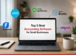 Laptop on a desk with the top 5 best accounting software for small businesses logos coming out of the laptop.