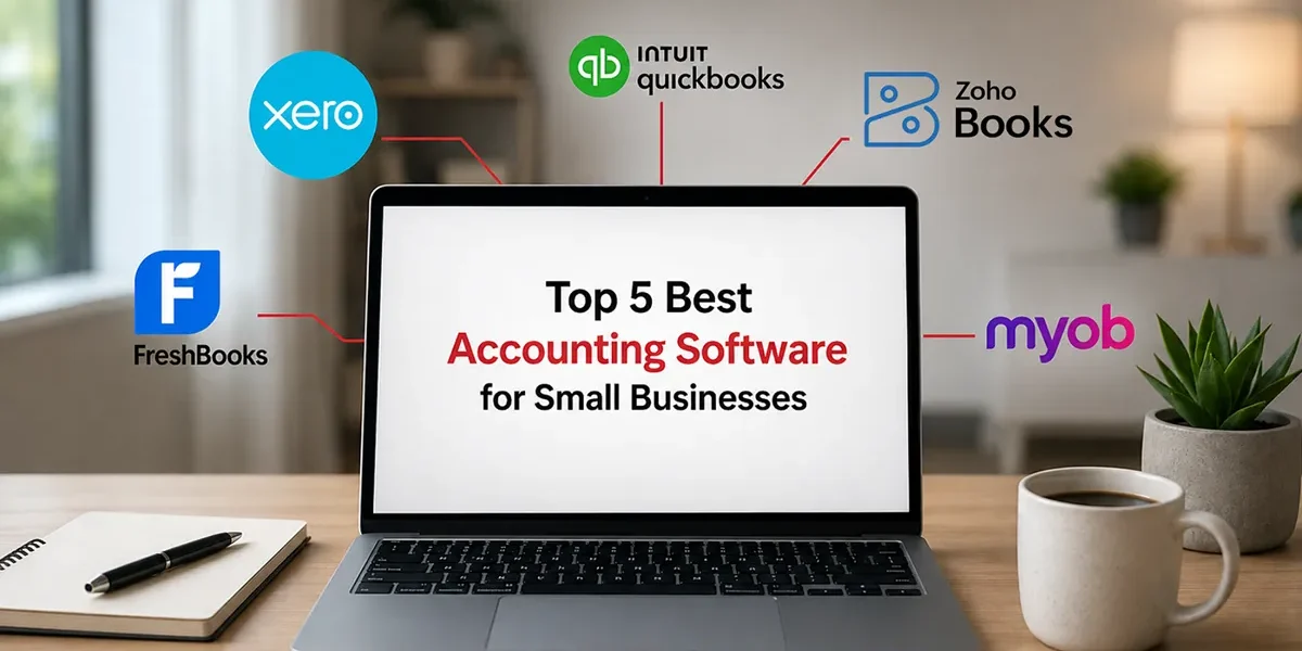 Laptop on a desk with the top 5 best accounting software for small businesses logos coming out of the laptop. Laptop on a desk with the top 5 best accounting software for small businesses logos coming out of the laptop.