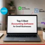 Laptop on a desk with the top 5 best accounting software for small businesses logos coming out of the laptop.