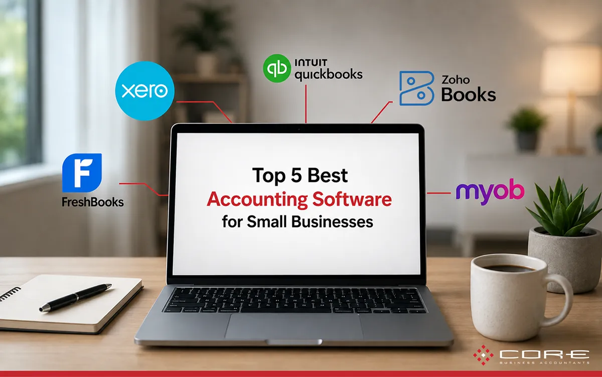 Laptop on a desk with the top 5 best accounting software for small businesses logos coming out of the laptop. Laptop on a desk with the top 5 best accounting software for small businesses logos coming out of the laptop.